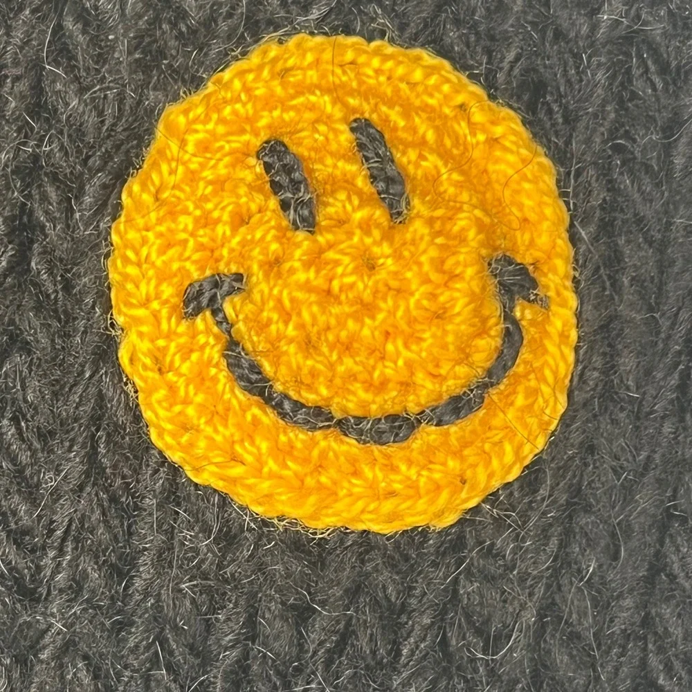 Daldandala Handmade Black Knit Balaclava Smiley‎ Face Yellow Crochet Applique